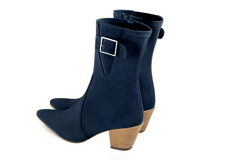 Navy blue women's ankle boots with a zip on the inside. Tapered toe. Medium cone heels. Rear view - Florence KOOIJMAN